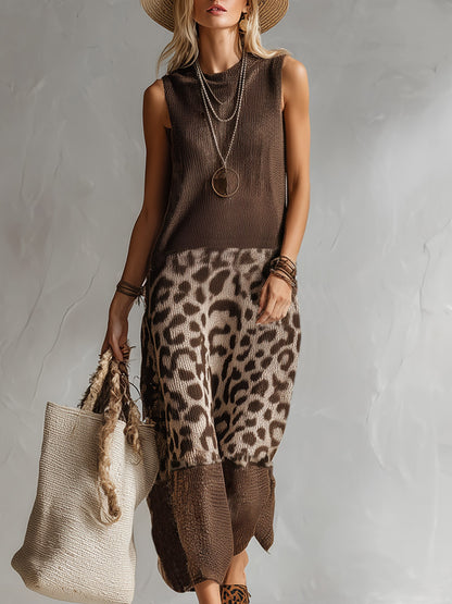Elegant Brown Leopard Print Mesh Breathable Knit Sleeveless Maxi Dress