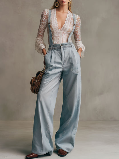 Casual Retro Light Blue Denim Wide-leg Overalls