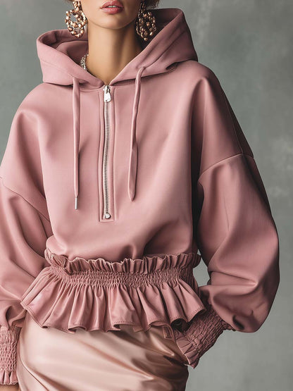 Elegant Exquisite Casual Ruffled Hem Front Zipper Front Zipper.Pink Cotton Hoodie