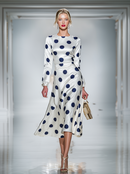 Retro Elegant Polka Dot Satin Midi Dress