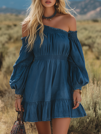 Vintage Single-shoulder Long-sleeved Ruffled Denim Mini Dress