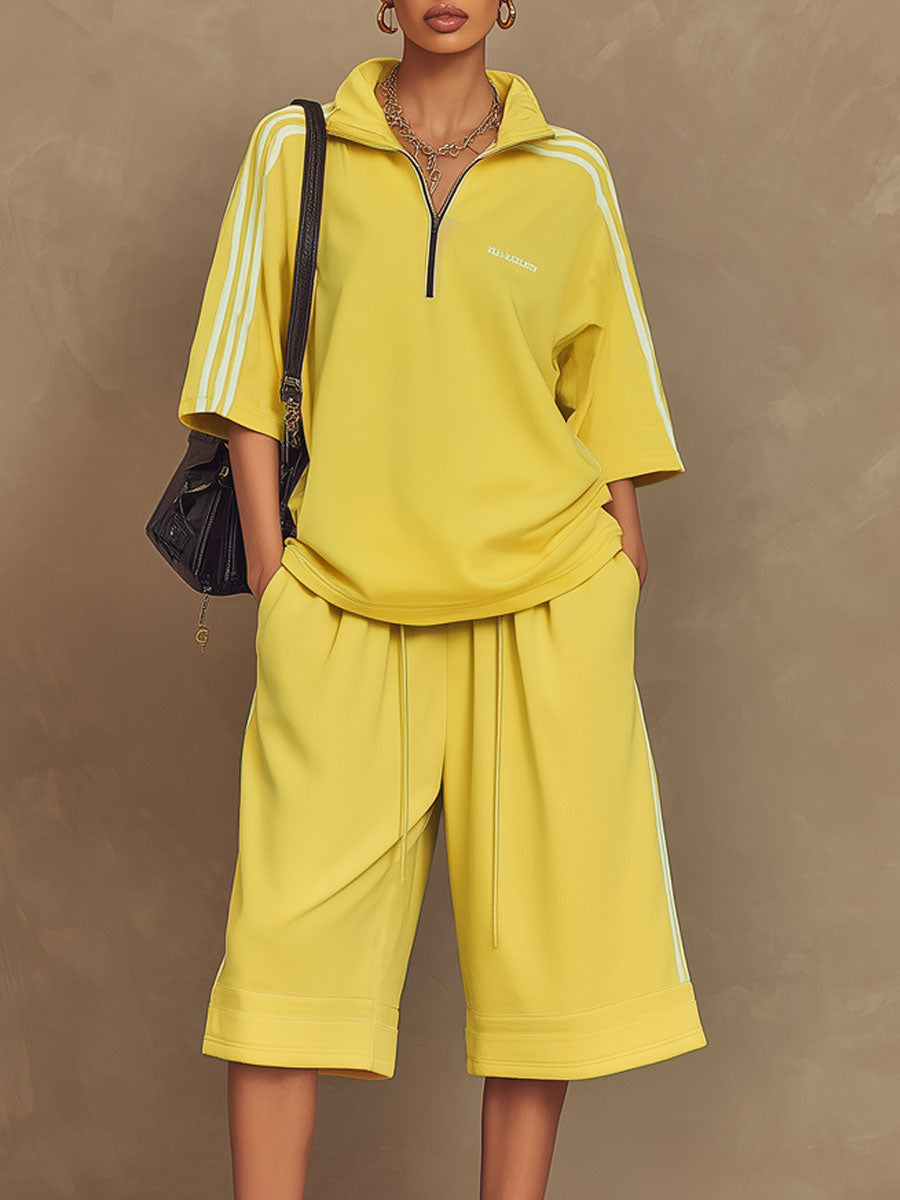 Sporty Retro Yellow Ribbon Crew Neck Short-Sleeve T-Shirt And Shorts Set