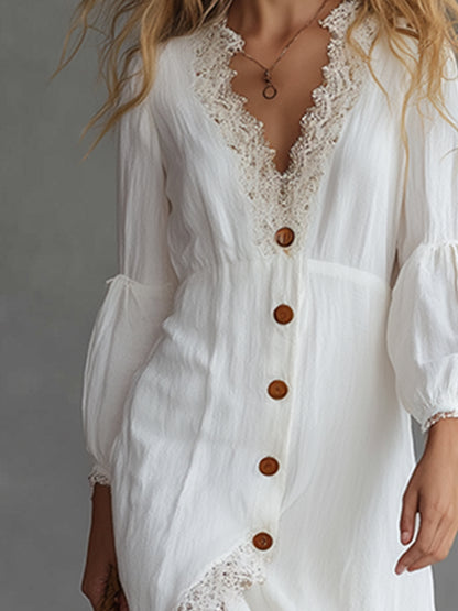 Elegant And Casual Lace Trim White Cotton And Linen Midi Dress