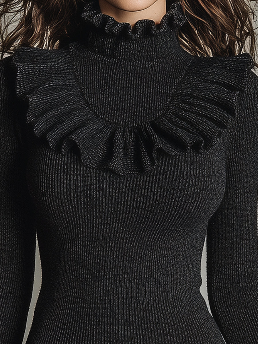 Stylish Black Knitted  With Ruffled Bell Sleeves Mini Dress