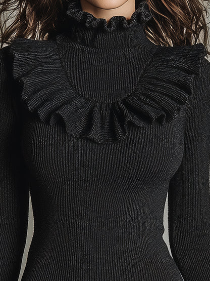 Stylish Black Knitted  With Ruffled Bell Sleeves Mini Dress