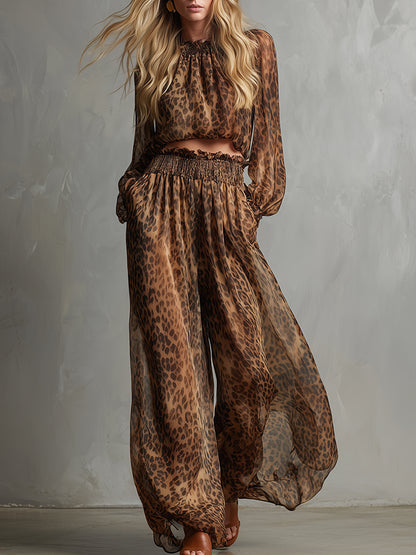 Urban Brown Leopard Print T-shirt And Wide-leg Pants Set