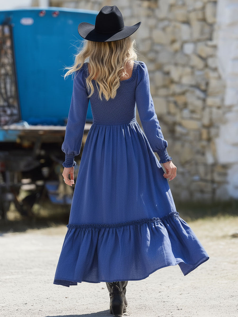 Western-style Retro Blue Cotton And Linen Square Neck Elastic Waist Ruffle Midi Dress