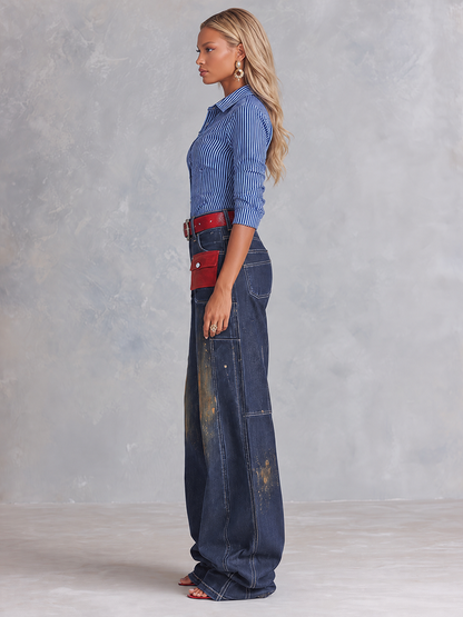 Vintage Western Red Suede Pocket Dark Wash High Rise Wide Leg Jeans