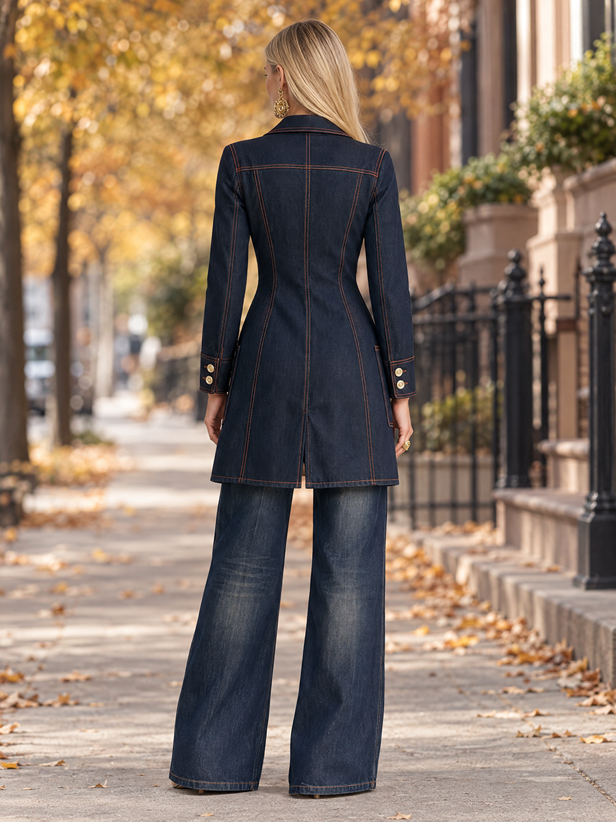 Vintage Chic Dark Rinse Contrast Stitch Double Breasted Longline Denim Blazer