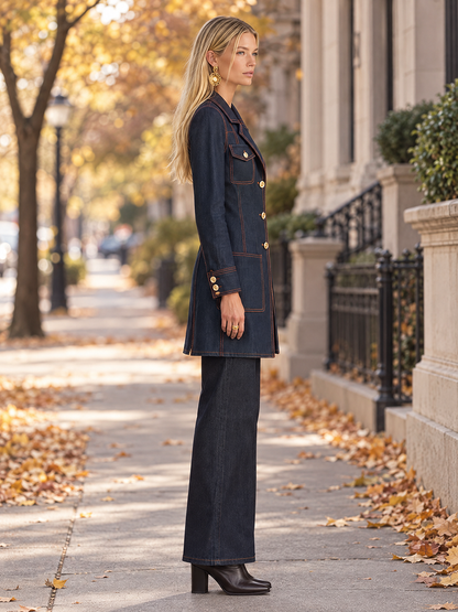 Vintage Chic Dark Rinse Contrast Stitch Double Breasted Longline Denim Blazer