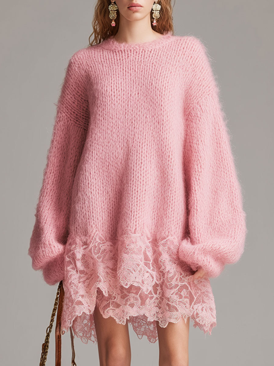 Trendy Retro Round Neck Long-sleeved Pink Long-haired Knit Lace Mini Dress