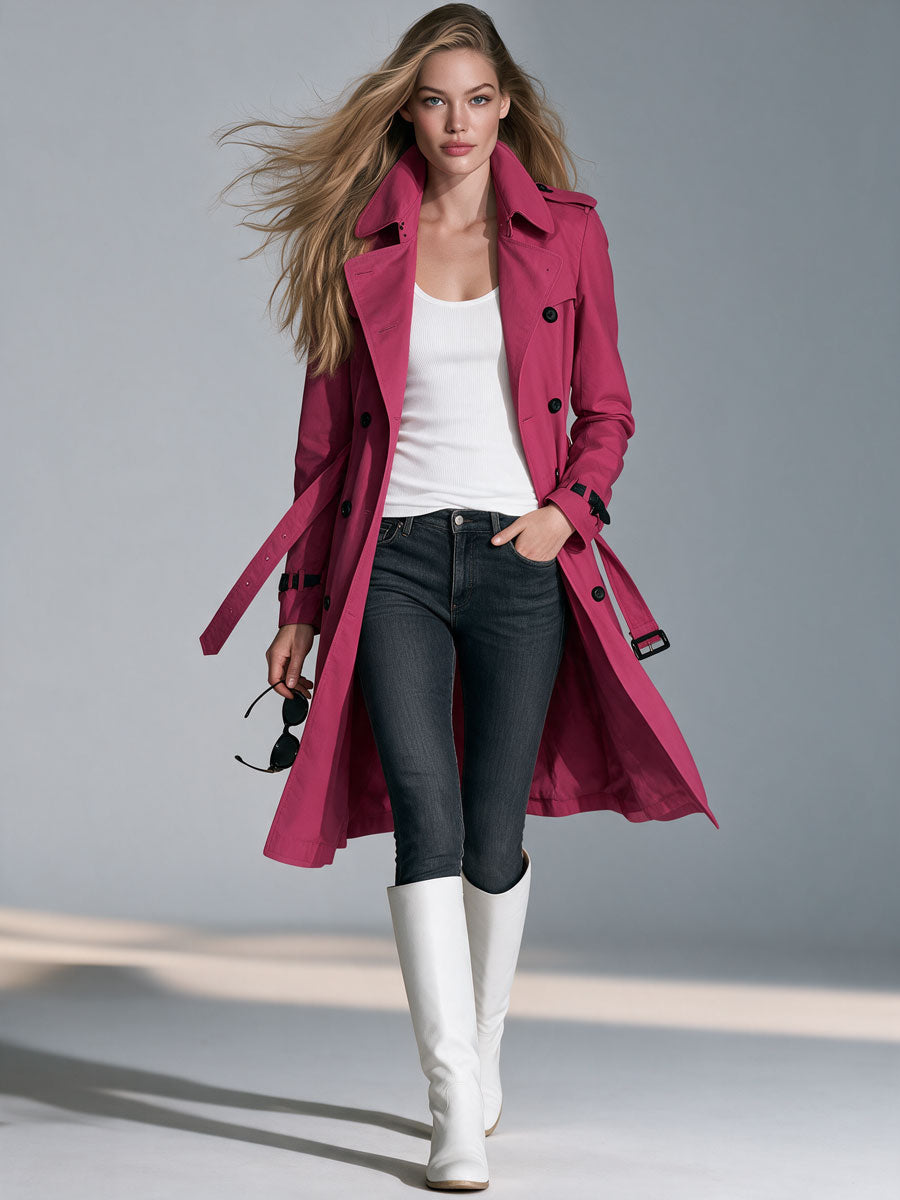 Classic Retro Fuchsia Lapel Belt Button Mid-length Cotton Trench Coat