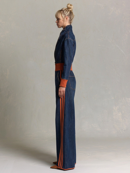 Retro Sporty Orange Stripe Plunge Zip Front Wide Leg Denim Jumpsuit