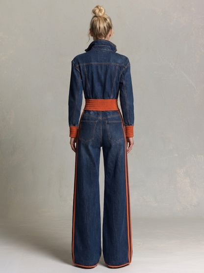 Retro Sporty Orange Stripe Plunge Zip Front Wide Leg Denim Jumpsuit