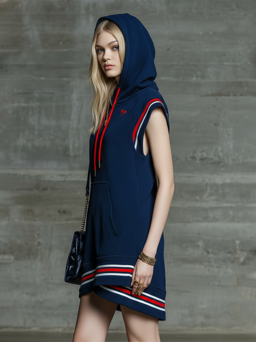 Retro Sporty Sleeveless Color-blocked Striped Hooded Mini Dress