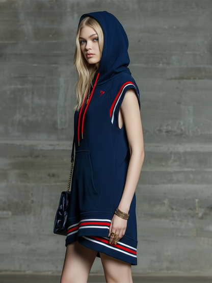 Retro Sporty Sleeveless Color-blocked Striped Hooded Mini Dress