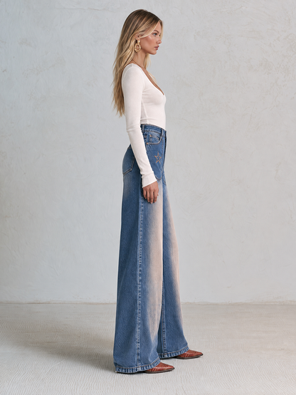 Retro Western Star Embroidered Sun Faded High Rise Wide Leg Jeans
