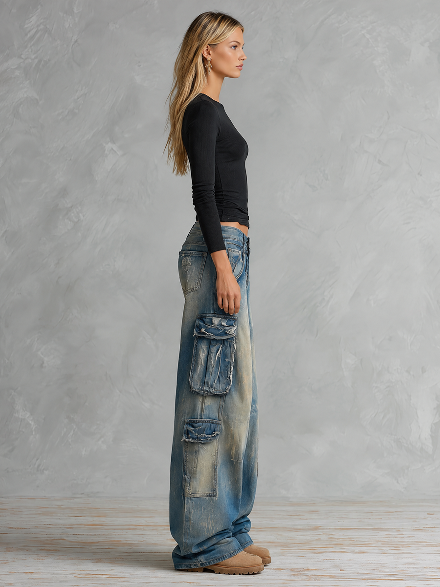 Vintage Grunge Dirty Wash Low Rise Baggy Cargo Wide Leg Jeans