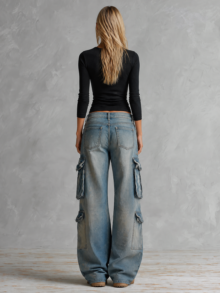 Vintage Grunge Dirty Wash Low Rise Baggy Cargo Wide Leg Jeans