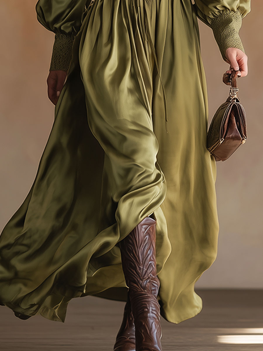 Vintage And Elegant Lace And Green Satin Maxi Dress