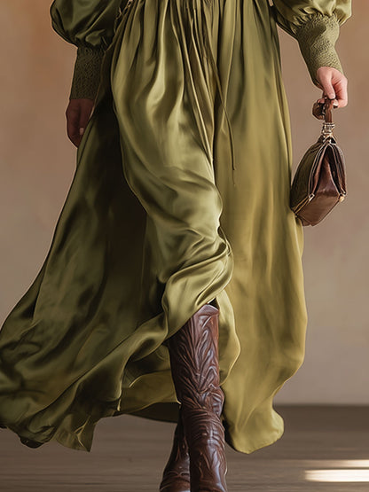 Vintage And Elegant Lace And Green Satin Maxi Dress