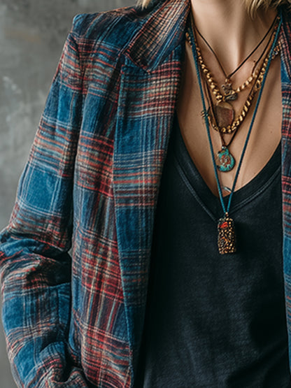 Retro Navy Blue And Red Plaid Velvet Loose Blazer