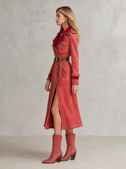 Vintage Western Red Velvet Collar Belted Button Front Denim Trench Coat