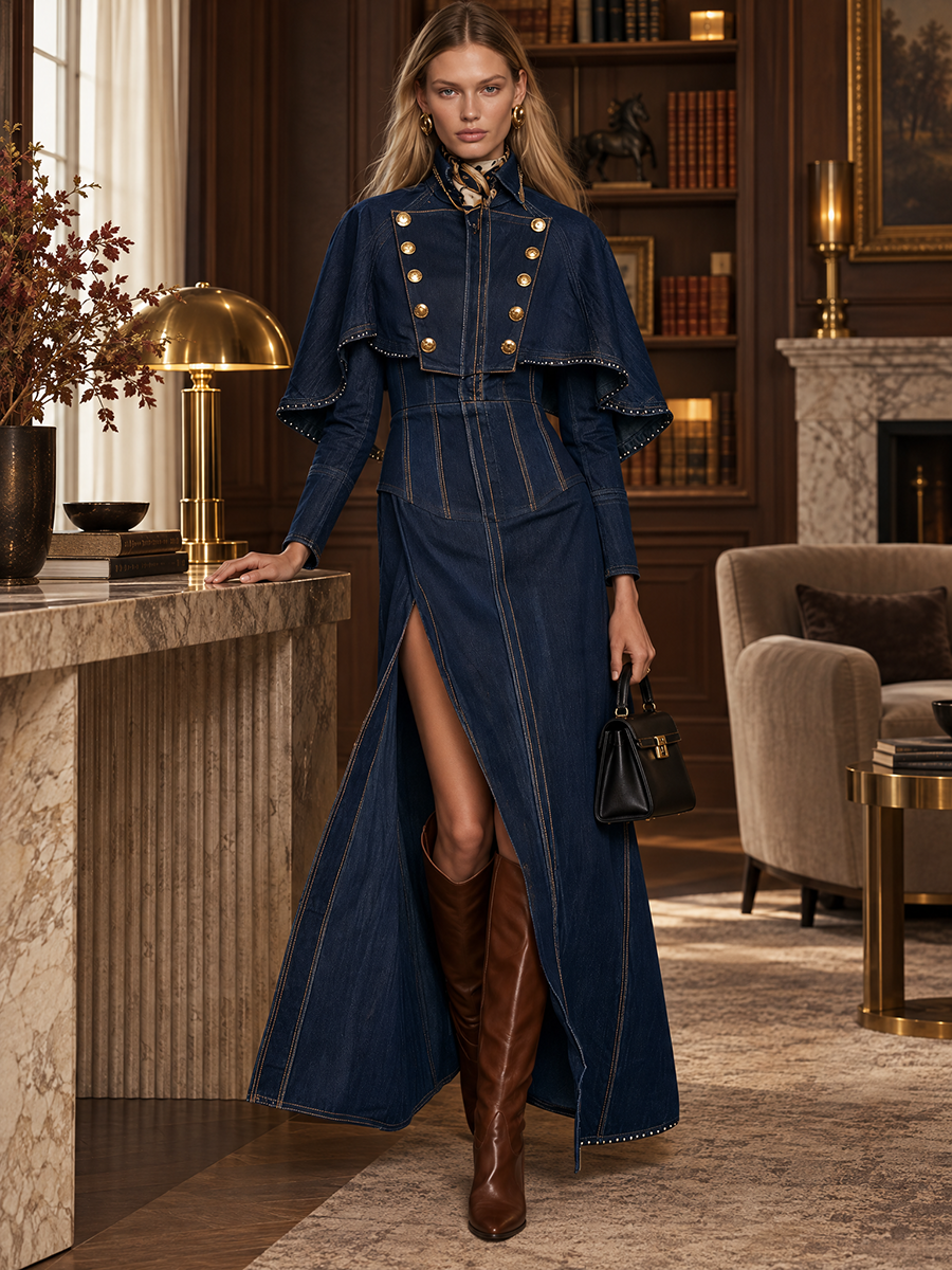 Vintage Military Gold Button Capelet Corset Waist High Slit Denim Maxi Dress