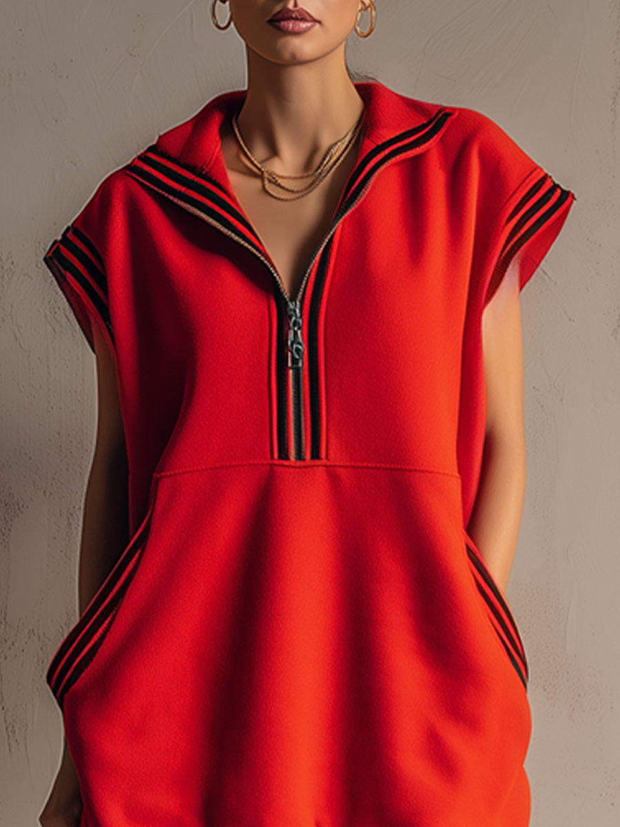 Sporty Retro Striped Ribbed Red Cotton Sleeveless Mini Dress