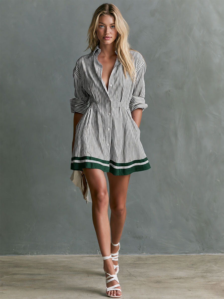 Retro-style Color-blocked Trim Blue Striped Long-sleeved Collared Cotton Mini Dress