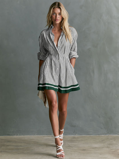 Retro-style Color-blocked Trim Blue Striped Long-sleeved Collared Cotton Mini Dress