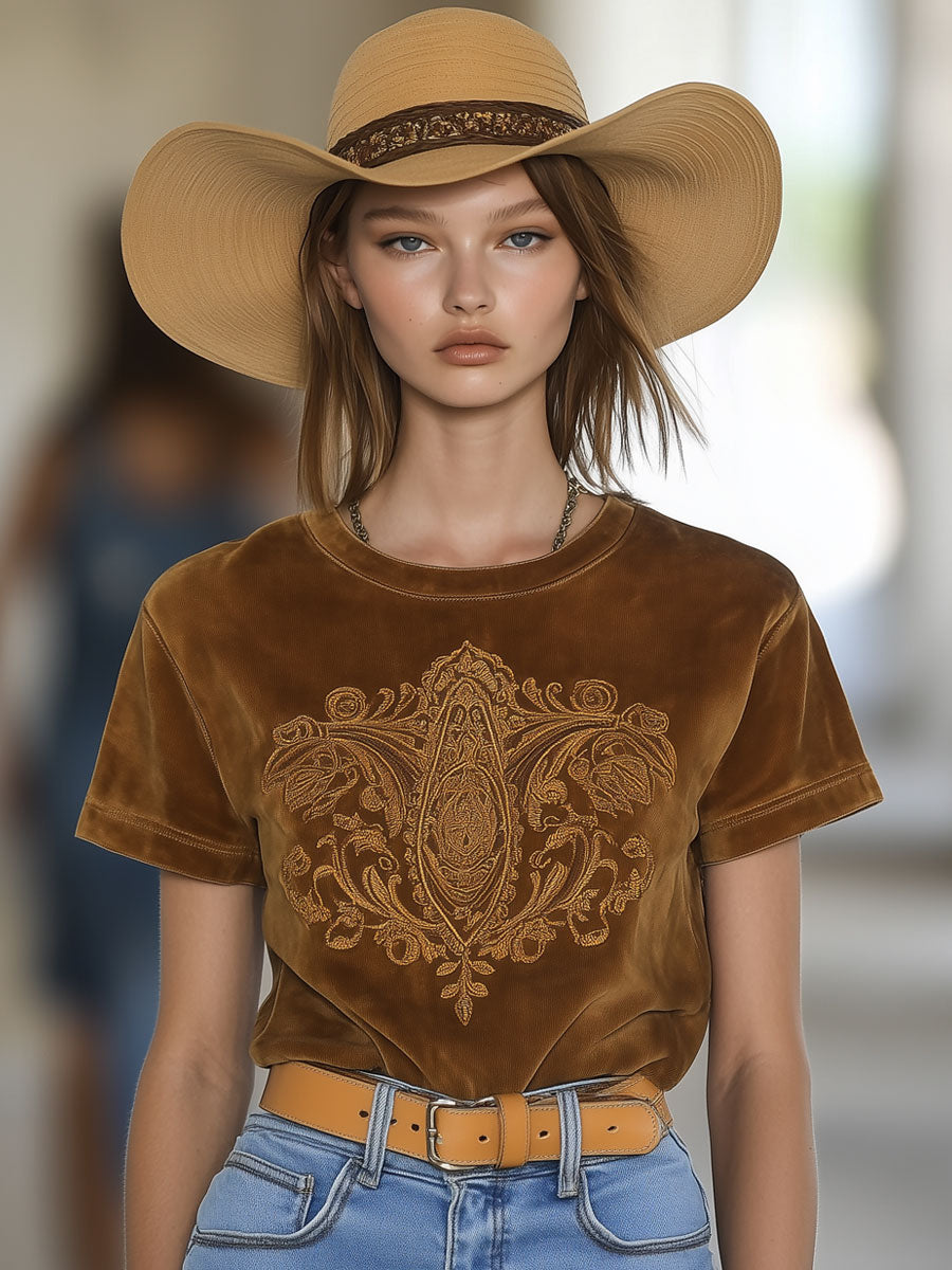 Casual Retro Brown Suede Ethnic Style Embroidery Round Neck Short Sleeve T-Shirt