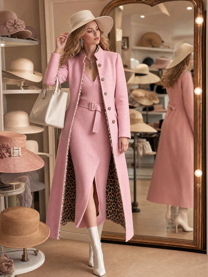 Retro-chic Pink Knit Dress And Leopard-print Lined Wool Blend Coat