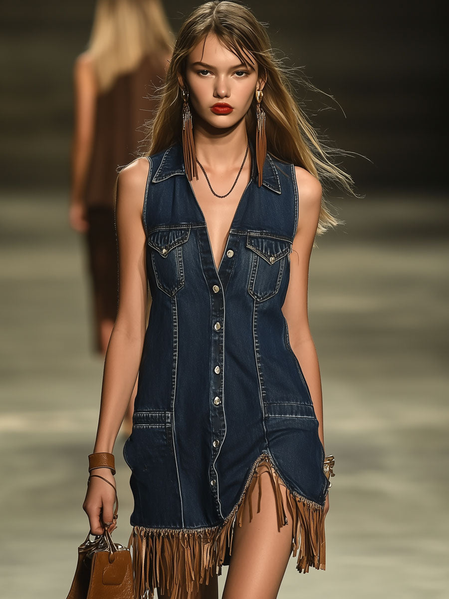 Casual Loose Vintage Sleeveless Denim Cardigan Tassel Mini Dress