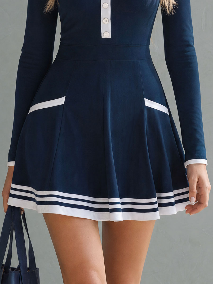 Casual Retro Color-blocked Trim Blue V-neck Long-sleeved Mini Dress