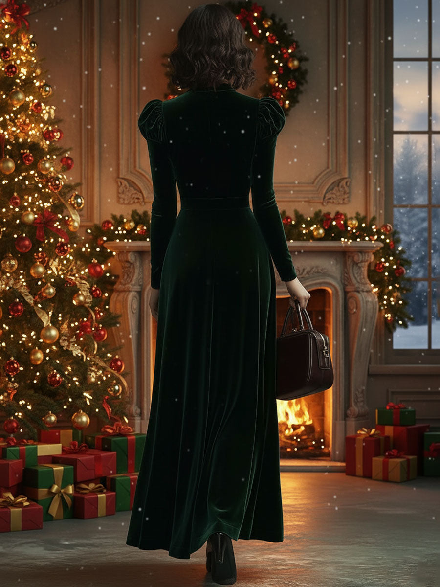 【24-hour shipping out】Fashion Party Solid Color Velvet Stand Collar Bowknot Long Sleeve Maxi Dress