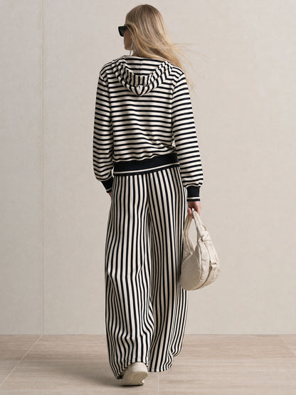 Retro Sporty Black And White Striped Cotton Cardigan And Pants Set