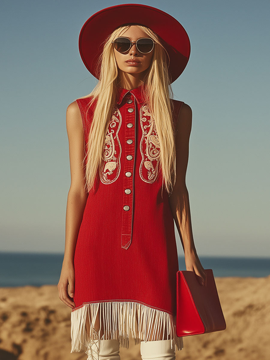 Vintage Red Cotton Twill Cashew Flower Embroidery Tassel Holiday Mini Dress