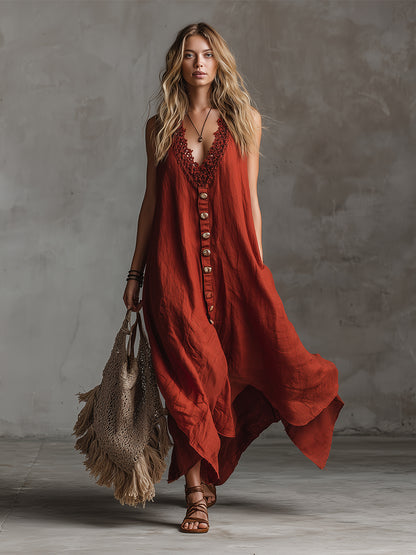 Vintage And Charming Red Cotton And Linen Sleeveless Maxi Dress