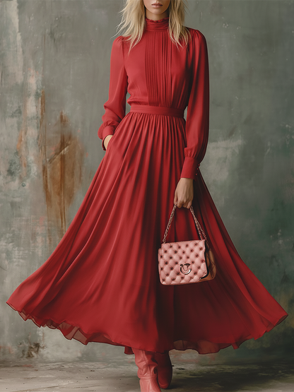 Elegant Stand Collar Long Sleeve Chiffon Maxi Dress