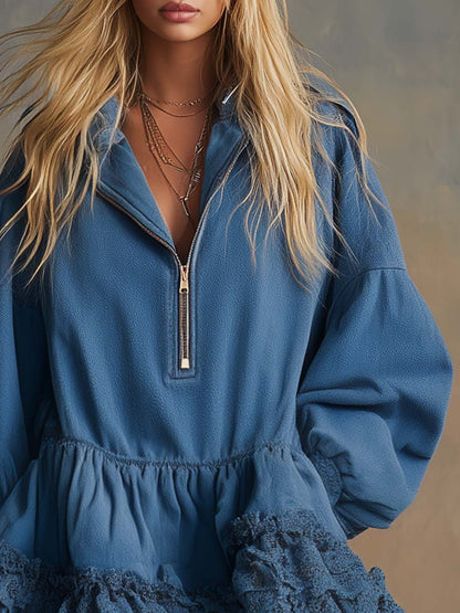 Elegant Vintage Western Hooded Front Zipp Multi-layered Lace Ruffle Hem Blue Denim Mini Dress