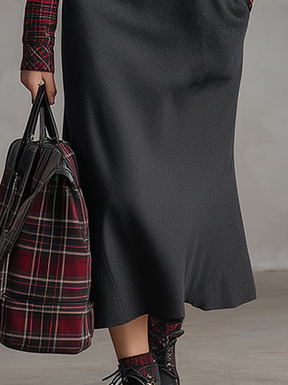 Retro Preppy Style Sporty Dark Gray Sweatshirt Patchwork Red Plaid Midi Dress
