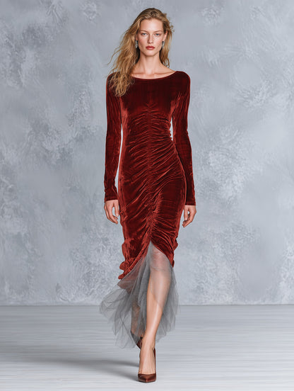 Elegant Tulle Hem Rust-Red Pleated Velvet Maxi Dress