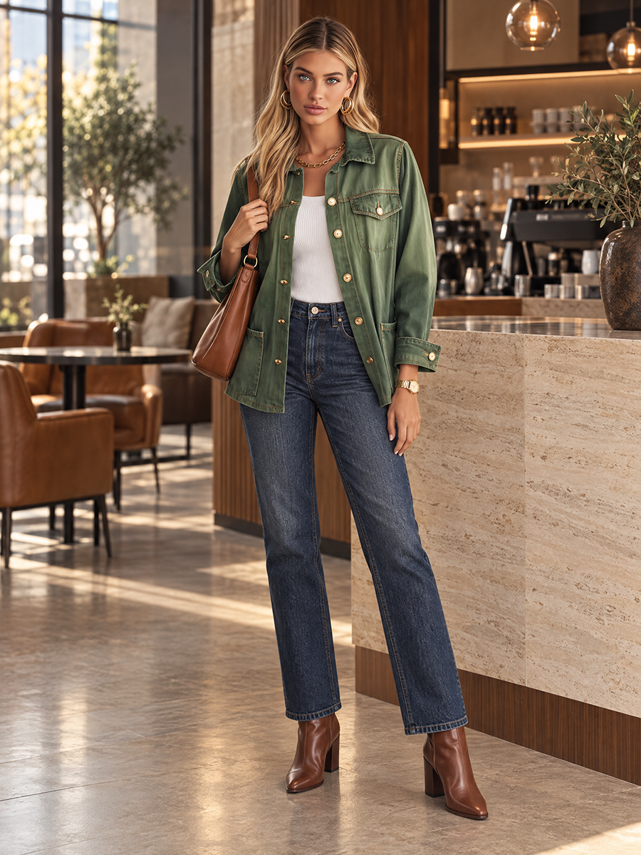 Vintage Utility Olive Green Ombre Gold Button Oversized Denim Shirt Jacket