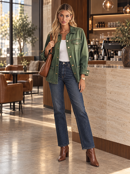 Vintage Utility Olive Green Ombre Gold Button Oversized Denim Shirt Jacket
