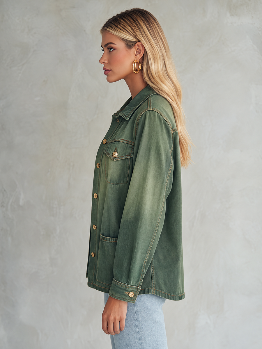 Vintage Utility Olive Green Ombre Gold Button Oversized Denim Shirt Jacket