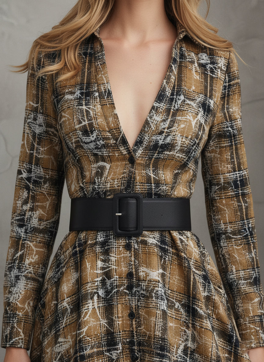 Retro Yellow And Black Printed Plaid Lapel Maxi Dress