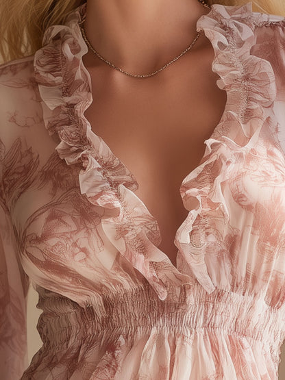 Stylish And Elegant Pink Rose Print Ruffled V-neck Chiffon Blouse