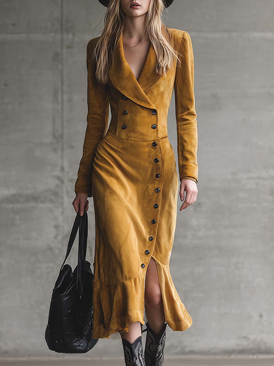 Elegant Retro Western V-neck Diagonal Front Button Slit Yellow Suede Midi Dress