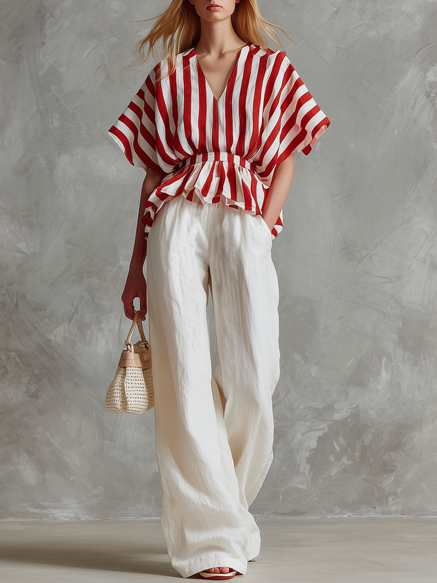 Casual Retro Style Red And White Striped Chiffon Shirt And White Cotton Linen Pants Set
